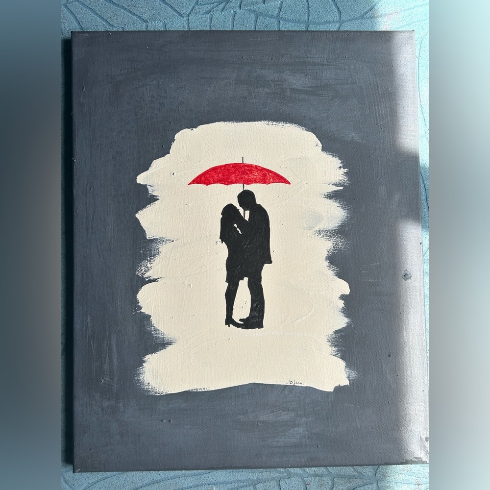 NEW small painting of lovers with red umbrella